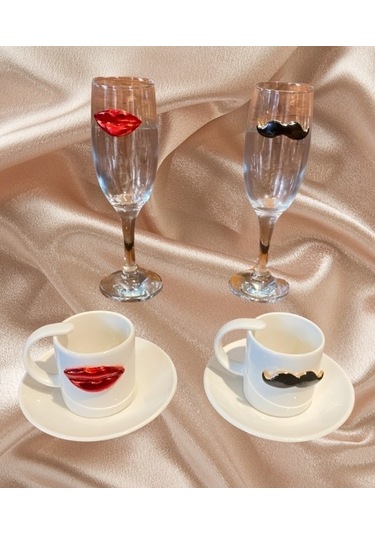 Dudak Bıyık Kahve Fincanı Ve Su Kadehi Seti