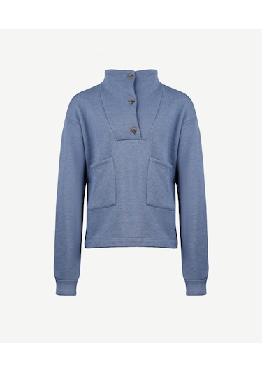 Yargıcı Ön Cep Detaylı Dik Yakalı Sweatshirt Mavi Melanj Mavi