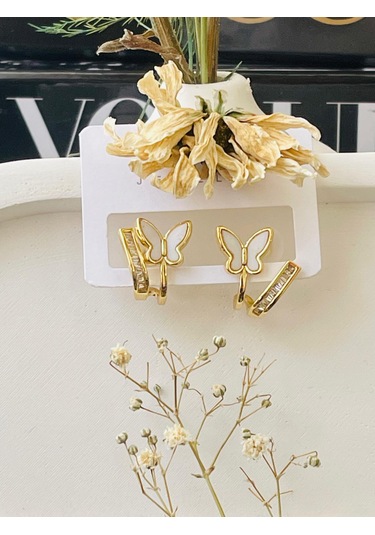 İkili Model Kelebek Detay Çelik Küpe