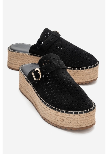 Luvishoes Louıs Siyah Süet Hakiki Deri Burnu Kapalı Hasır Dolgu Taban Terlik Siyah