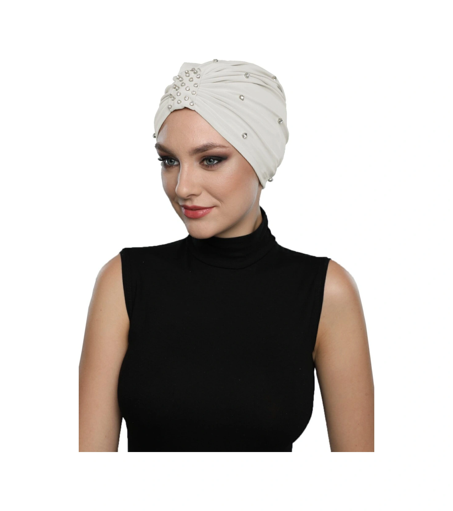 Zeni Taşlı Astarlı El Işi İşlemezeni Taşlı Krem Hazır Türban Tesettür Abiye Bone Krem