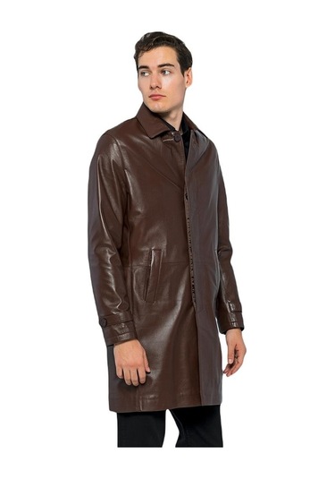 Basics&more Erkek Hakiki Deri Uzun Ceket - French 001