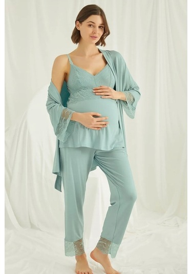 Monamise 18469 Hamile Lohusa Sabahlıklı Pijama Takımı-yeşil