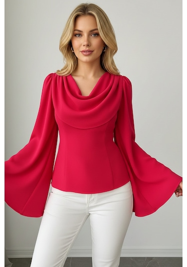 Khi-zai Kadın Degaje Yaka Şehirli Stil Bluz Pembe