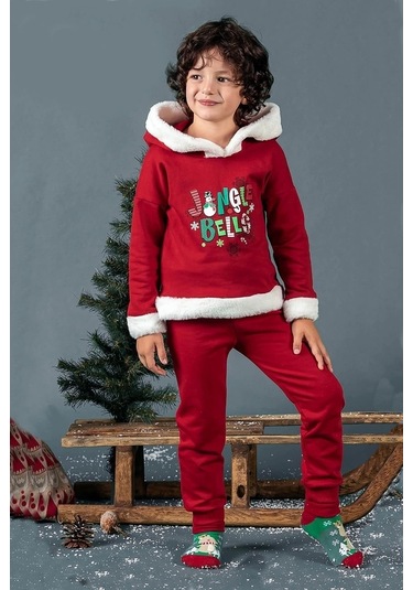 Unisex Çocuk Yılbaşı Christmas Noel Temalı Jingle Bells Model Kapüşonlu 3 İp Şardonlu 2 Parça Alt Üst Takım Kırmızı
