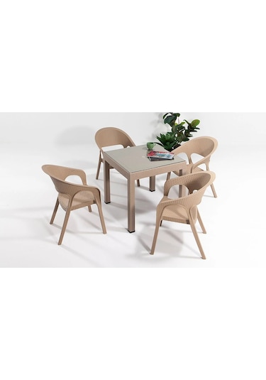 Garden Camlı Masa Takımı 1 Masa + 4 Sandalye Cappucino Bahçe Balkon Teras Cappucino