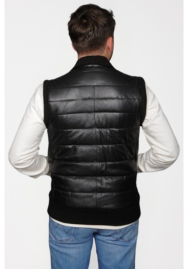 Derije Max Hakiki Deri Erkek Siyah Triko Detaylı Şişme Yelek