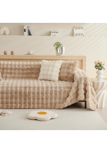 Willowhaven Kış Yumuşak Tavşan Peluş Kanepe Havlusu, Modern Açık Kahve Örtü, 180x130 Cm, Kombine Kanepe İçin Açık Kahve