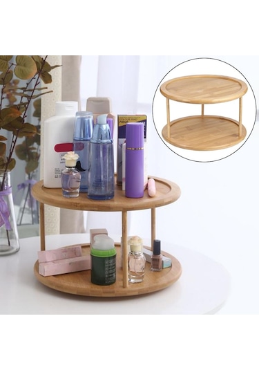 Suntek 2 Katmanlı Ahşap Pikap Baharatlık Mutfak Dolabı Dönen Organizatör Bej