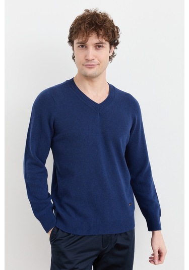 Erkek V Yaka Basic Yün Kazak İndigo İndigo