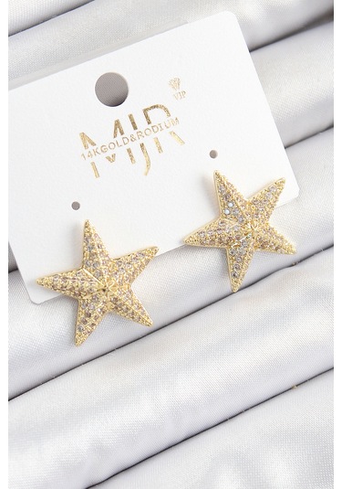 Pirinç Zirkon Taşlı Yıldız Model Gold Renk Kadın Küpe Çok Renkli