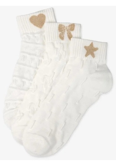 Bolero 3'lü Simli Nakışlı Kısa Çorap Beyaz
