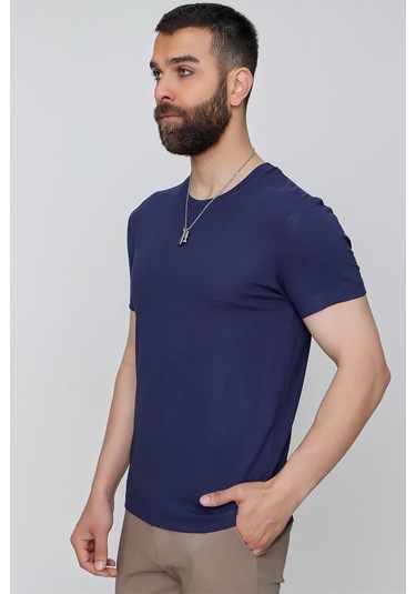 Slim Fit Bisiklet Yaka Düz Pamuklu Lacivert Tişört Ts 823 Lacivert