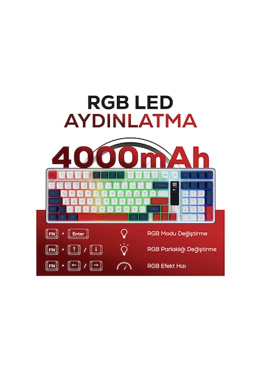 Hk257 Membrane Lcd Rgb Kablosuz/bluetooth Kırmızı Mavi Full Türkçe Gaming Klavye
