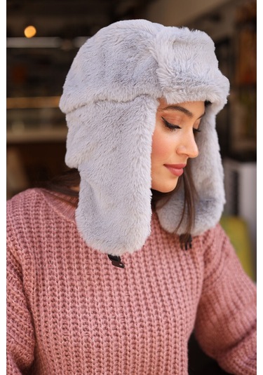 Çıtçıtlı Kürklü Kulaklıklı Peluş Bere Şapka Rkş-03 Gri Gri