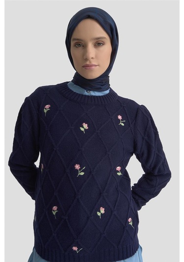 Armine Çiçek Nakışlı Kazak 25kd6014 Lacivert Lacivert