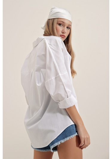 Bigdart 3900 Oversize Uzun Basic Kadın Gömlek Beyaz