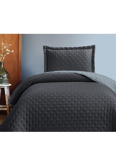 Washed Çift Renkli Tek Kişilik Yatak Örtüsü Seti Koyugri-açıkgri