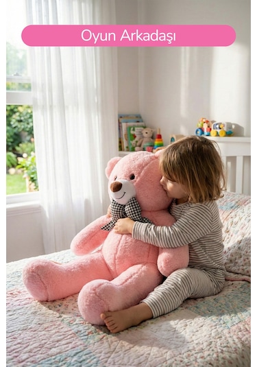 80 Cm Büyük Boy Yumuşak Papyonlu Oyuncak Ayıcık Pembe