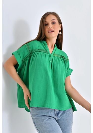 Dantel Detay Kısa Dokuma Bluz Yeşil