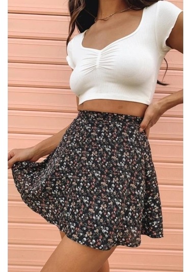 Fastbuy Mavi Çiçekli Fermuarlı Şifon Etek - Kısa Halterli Kadın Etek Mavi