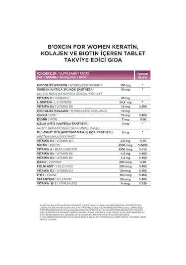 Bioxcin Womens Hair 30 Tablet - Keratin Kolajen Biotin Çinko Demir Selenyum Dul Avrat L Sistein Saç Vitamini