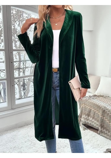 Kadın Uzun Kollu Önü Açık Kolları Uzun Midi Ceket Yeşil