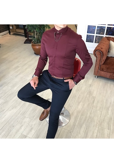 Italyan Kesim Slim Fit Erkek Saten Bordo Zincirli Gömlek T4099