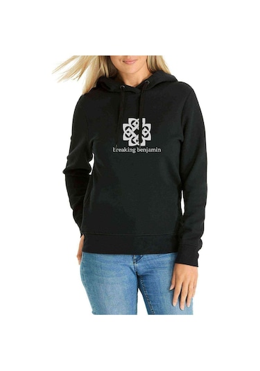 Benjamin Baskılı Siyah Kadın Kapşonlu Sweatshirt