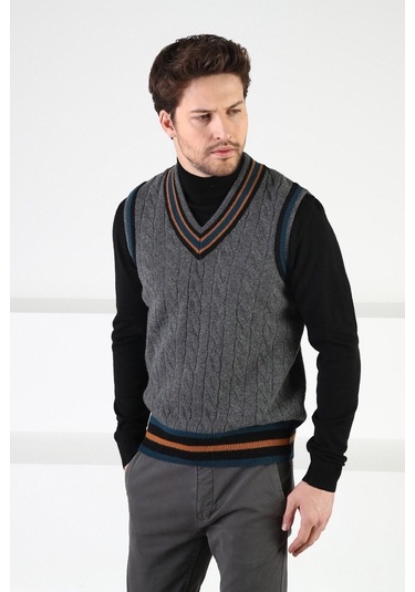 Ferraro Füme Örgü Desenli V Yaka %100 Kuzu Yünü Erkek Süveter