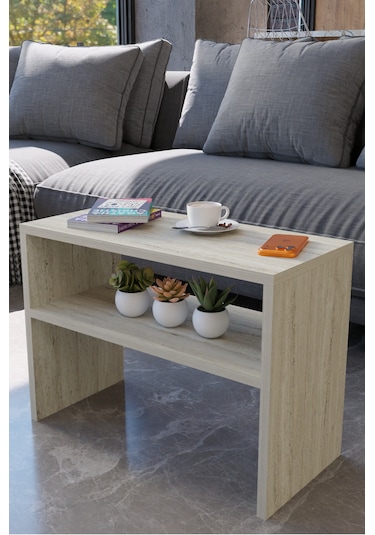 Alpa Ev Mobilya C Tasarım Koltuk Yanı Sehpa, Kitaplıklı Modern Laptop & Kahve Sehpası, Orta Sehpa Traverten