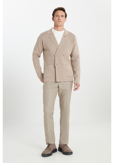 Erkek Vızon Pamuklu Standart Fit Normal Kesim Kruvaze Yaka Cepli Triko Ceket Vizon