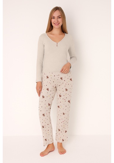 Nbb Kadın Bej Deer Patlı Pijama Takım Bej