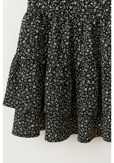 Kız Çocuk Siyah Çiçek Desenli Kat Kat Fırfırlı Mini Etek, Kız Çocuk Etek Siyah