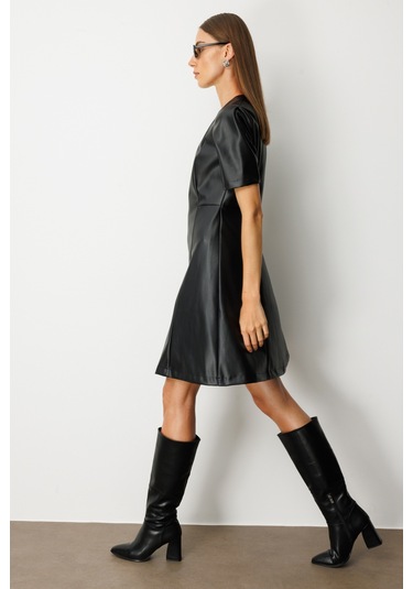 Ekol Kadın Kısa Kollu Deri Elbise 4081 Siyah Siyah