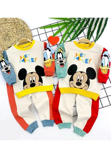 9-12-18-24 Ay Mickey Ve Arkadaşları Desenli Uzun Kollu Sweat 2li Kız Erkek Bebek Takımı Mavi Çok Renkli