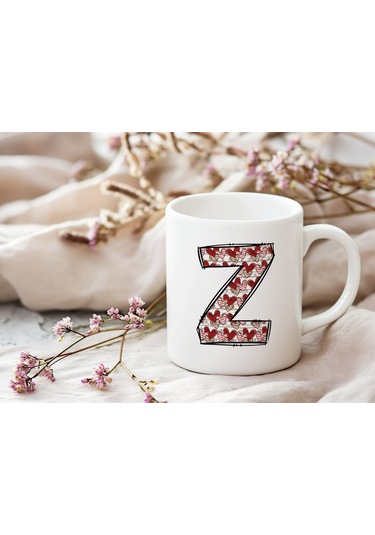 Z Harfi Aşk Temalı Kupa - Kalp Desenli Kişiye Özel Romantik Sevgililer Günü Kahve Kupası Beyaz