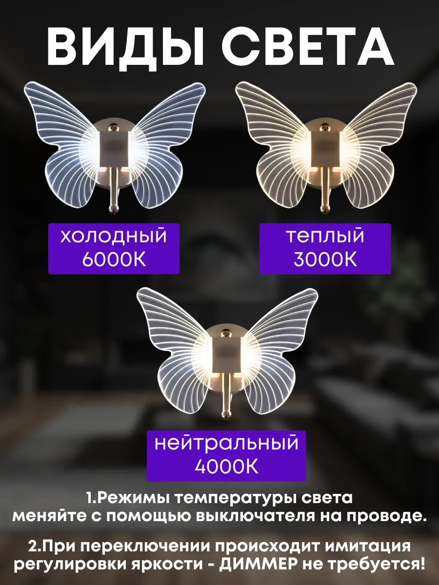 Lubimyj Svet Duvara Monte Led Aydınlatmalı Kelebek Duvar Abidesi, Anahtarlı. 231026152 Beyaz