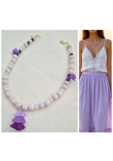 Lila Lav Taşlı Püsküllü Tasarım Kolye