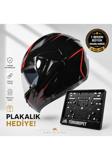 Vrt Çene Açılır Güneş Vizörlü Kask + Plakalık Siyah-kırmızı