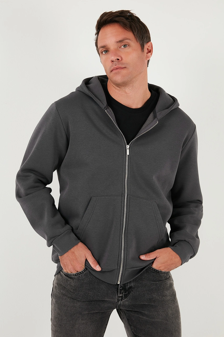 Buratti Regular Fit Kapüşonlu Fermuarlı Içi Tüylü Yumuşak Şardonlu Kışlık Erkek Sweat 5905340 Antrasit
