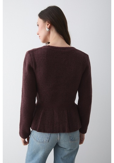 Bordo 3 Düğmeli Pileli Hırka - 251065 Bordo