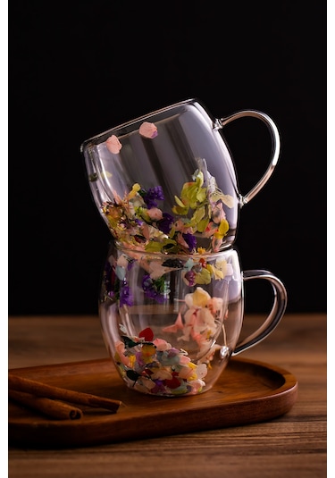 Porsima 2090 Leafy Çift Cidarlı Cam Kupa Çay Kahve Kupası Isı Yalıtımlı Kulplu Cam Bardak 250ml Şeffaf