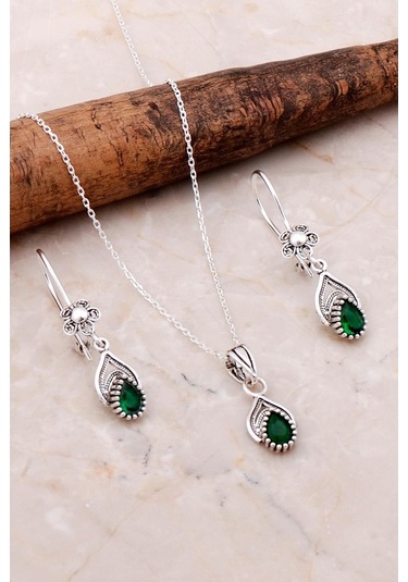 Telkari Işlemeli Elişi Gümüş Zümrüt Set 2195 487644171