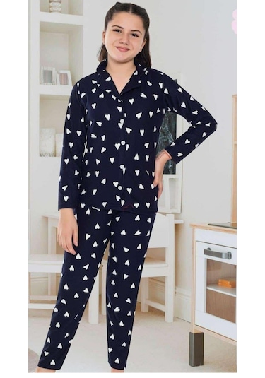 Miosse Kids Kız Çocuk Pamuklu Süet Lacivert Kalp Desenli Gömlek Yaka Boydan Düğmeli Uzun Kollu Pijama Takımı M6590 Lacivert