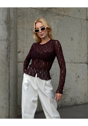 Kadın Bisiklet Yaka Önden Düğmeli Full Esnek Dantel Bürümcük Spor Şık Tasarım Gece Bluzu Kahverengi
