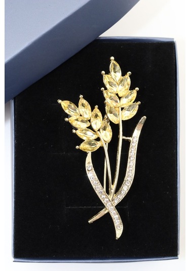 Gold Buğday Başağı Broş. Pırlanta Taşlı Buğday Başaklı Yaka İğnesi Erkek Kadın Broş. Çok Renkli