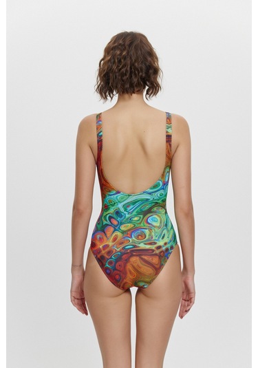 M12034 U Yaka Taş Detaylı Mayo Kırmızı Çok Renkli