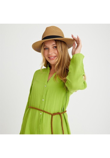 %100 Pamuklu Dokuma Müslin Hakim Yaka Kemer Detaylı Plaj Gömlek Elbise - Medium Yeşil