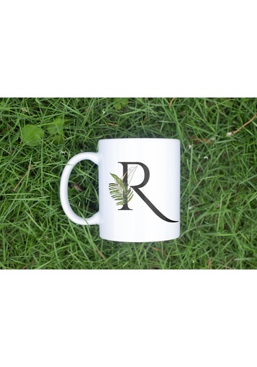 R Harf Zarif Yaprak Desenli Kupa Bardak - Naturel Sade Alfabe Harfli Bardak - Kişiye Özel Hediye Beyaz